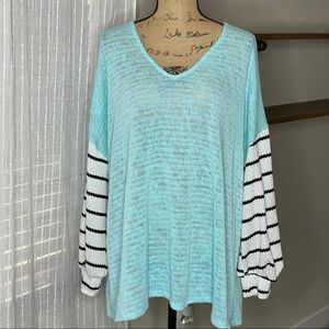 Pink Lily Pullover Striped Sleeve Top 1X BLUE